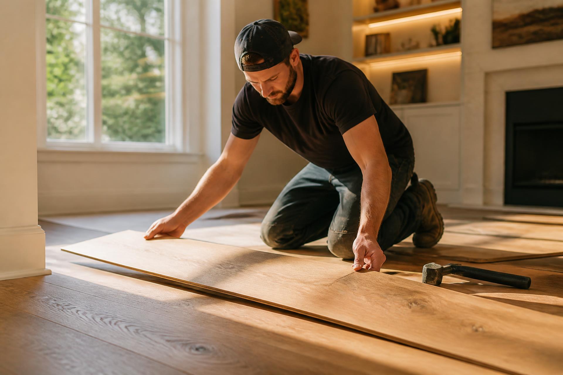 Craftsman installing wide plank hardwood flooring